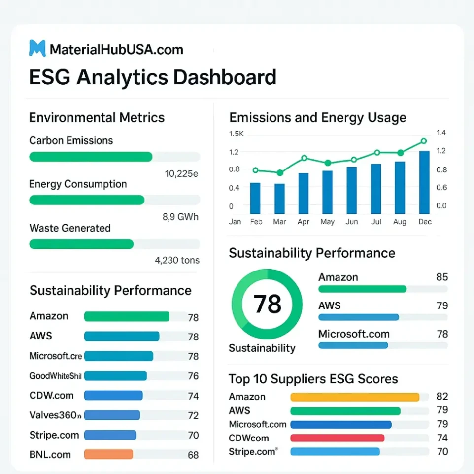 This page is written for corporate procurement, ESG, sustainability, and risk teams. On MaterialHubUSA.com, Environmental, Social, and Governance principles are applied as a practical framework, not a scoring model. We focus on three things that matter most to corporate buyers:  Visibility Clear supplier information and documentation. Assurance Governance that stands up to internal audit and compliance review. Integration Workflows that fit into existing ESG and procurement programs. We support how your organization works, rather than trying to replace your own ESG tools or standards.